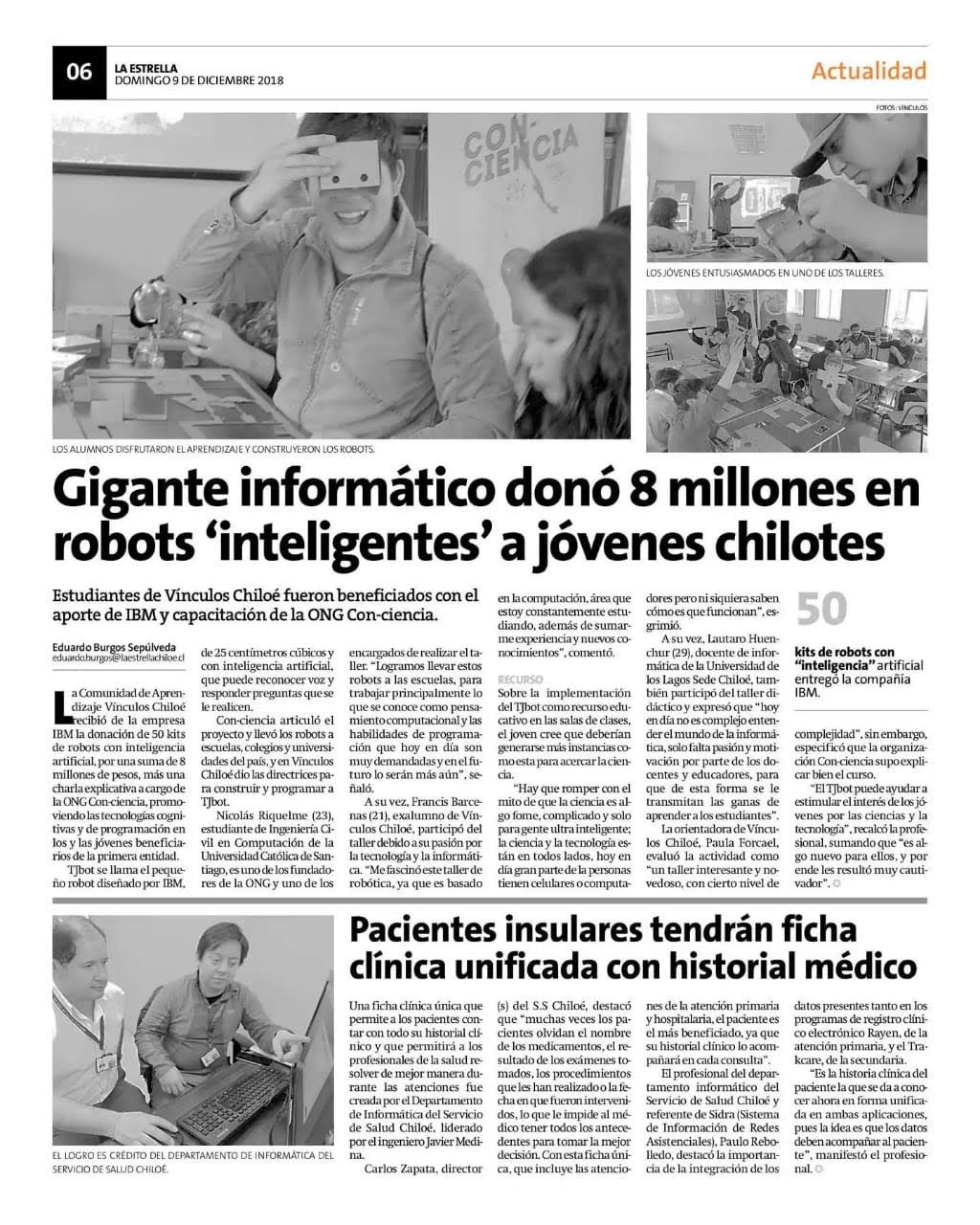 Página del diario La Estrella del 9 de diciembre de 2018 con la nota Pacientes insulares tendrán ficha clínica unificada con historial médico